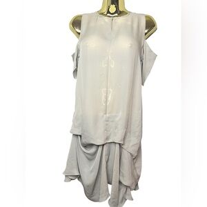 3 x $99 Morgane Le Fay silk XS beige asymmetrical mini dress cold shoulder